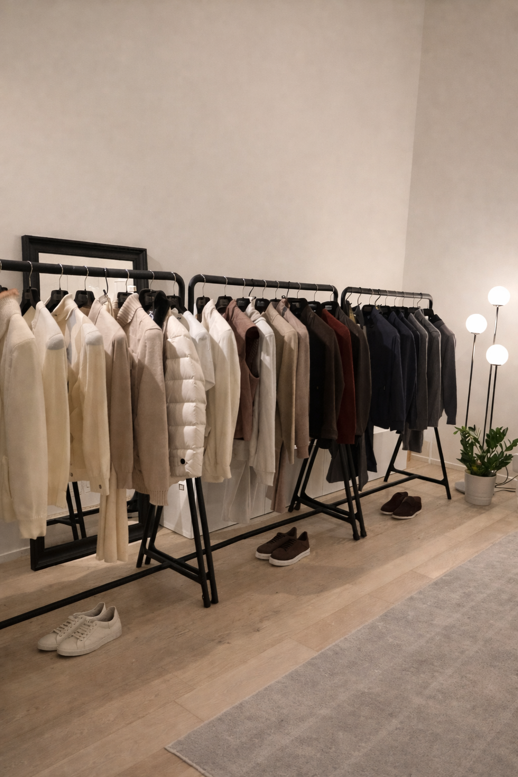 The Bilancioni showroom: rails of the collection, knitwear and jackets from ivory to charcoal
