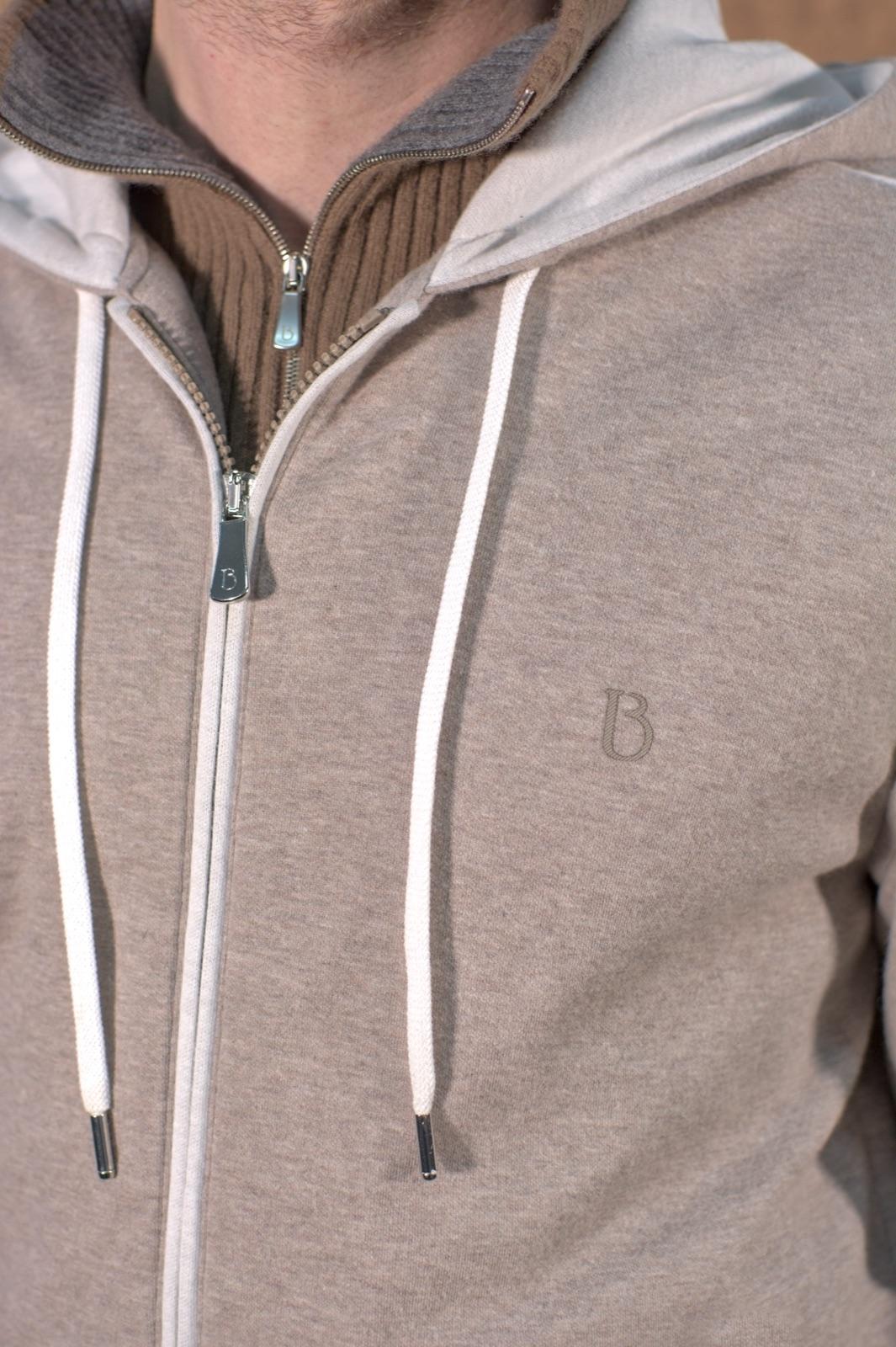 Hooded zip sweatshirt with B-engraved zip pulls, white drawcords and a tonal monogram, over a ribbed knit collar